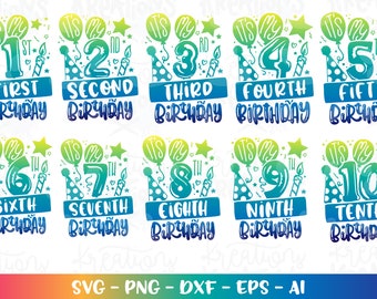 Birthday Bundle Pack 1-10 svg Cute celebrations balloons candles kids boy girl color print iron on cut file Cricut Silhouete Download