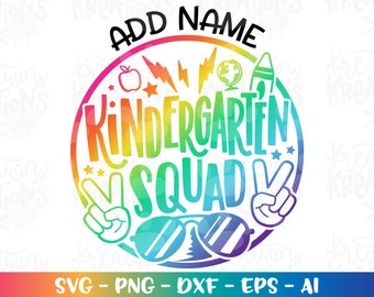 Terug naar school svg kleuterschool SQUAD aanpassen namen kleur kinderen meisje jongen afdrukken opstrijkbare gesneden bestand instant download vector png dxf sublimatie