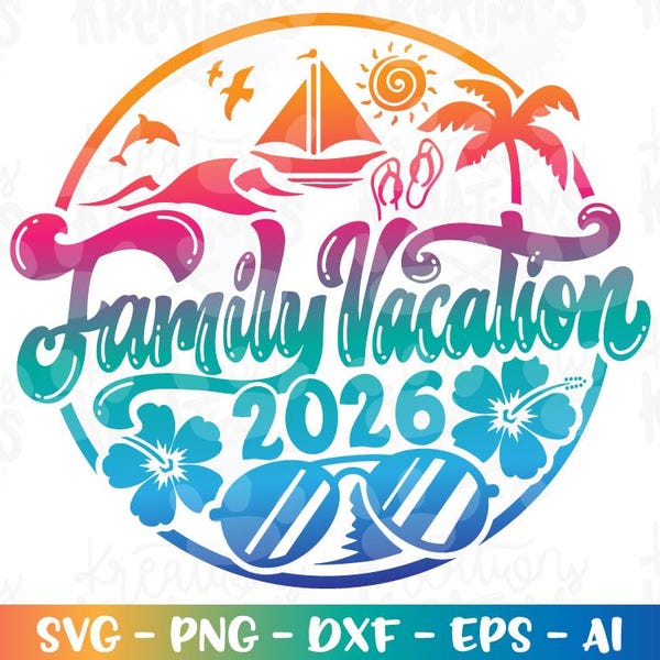 Familj svg sommar strandsemester 2026 familj vårlov tryck stryk-på färg klippfil silhuett Cricut cameo direktnedladdning vektor png