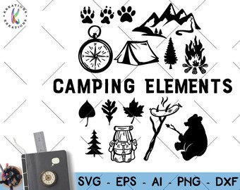 Camping Elements svg Campfire bear mountains tent sausage compass print decal cut file silhouette cricut studio download svg eps png dxf