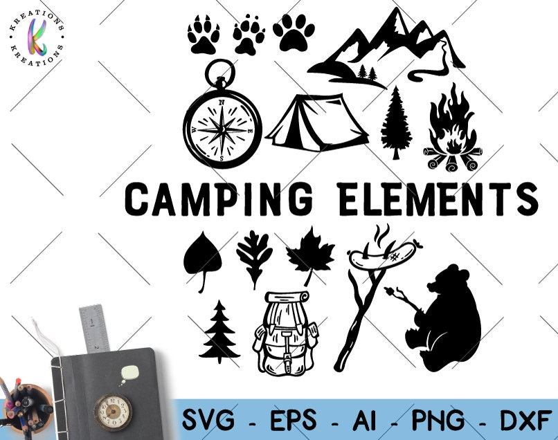 Download Camping Elements svg Campfire bear mountains tent sausage ...