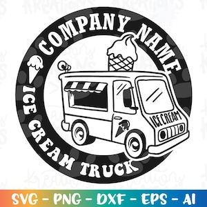 Può includere: Grafica in bianco e nero di un camioncino dei gelati con le parole "Company Name" e "Ice Cream Truck" in un design circolare. Un cono gelato sovrasta il camion. La parte inferiore dell'immagine contiene il testo "SVG - PNG - DXF - EPS - AI".