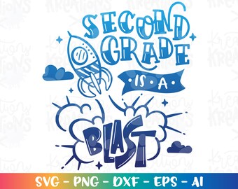 Może przedstawiać: Niebieski i biały projekt graficzny z rakietą i tekstem "Second Grade is a Blast".