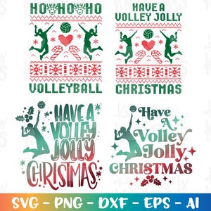 May include: A collection of volleyball-themed Christmas designs. The designs feature volleyball players, volleyballs, and festive elements like hearts and candy canes. Text includes "Ho Ho Ho Volleyball" and "Have a Volley Jolly Christmas."
