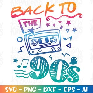 May include: A colorful graphic design with the text "BACK TO THE 90S". The design includes a cassette tape, musical notes, stars, and the number 90 in a retro style. The color palette transitions from orange to blue.