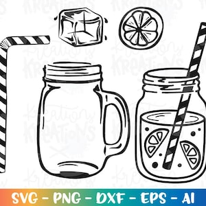 May include: Black and white line art illustration of summer drink elements. Includes a mason jar, ice cubes, a lemon slice, a striped straw, and a mason jar with a drink and lemon slices. The bottom of the image has the text: SVG - PNG - DXF - EPS - AI.
