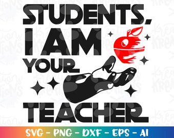 May include: Black and white graphic design with the text "Students. I am your teacher."  A black hand with a red apple in the palm is reaching out. The apple has a white starburst design.