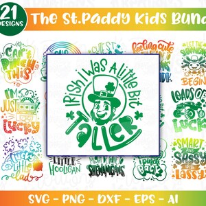 Paquete infantil del Día de San Patricio con 21 diseños SVG, para niño y niña, con plancha, impresión, corte a color, archivo Cricut, silueta, descarga PNG y sublimación.
