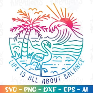 May include: A vibrant graphic design with a flamingo, palm tree, sun, and waves. The text "LIFE IS ALL ABOUT BALANCE" is incorporated. The colour scheme transitions from blue to pink and orange.