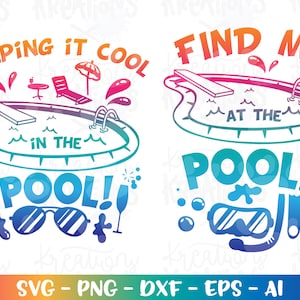 Op de afbeelding: Twee kleurrijke illustraties van zwembaden met tekst. De eerste illustratie zegt "Keeping it cool in the pool!" en de tweede illustratie zegt "Find me at the pool!"