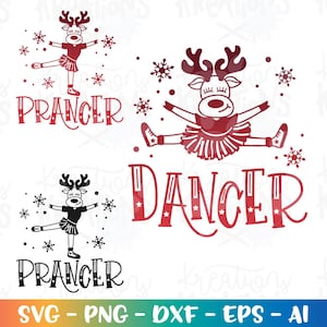May include: A festive graphic featuring reindeer in ballet poses, with the words "Prancer" and "Dancer" in decorative fonts. Snowflakes accent the designs, ideal for holiday crafts and decorations.