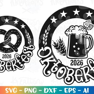K&ouml;nnte beinhalten: Schwarz-wei&szlig;e Designs zum Thema Oktoberfest. Eines zeigt eine Brezel, das andere einen Bierkrug. Beide enthalten den Text "Oktoberfest 2026" in einer dekorativen Schriftart, umgeben von Sternen und Weizen.