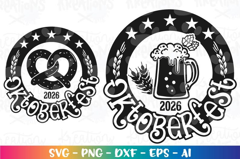 K&ouml;nnte beinhalten: Schwarz-wei&szlig;e Designs zum Thema Oktoberfest. Eines zeigt eine Brezel, das andere einen Bierkrug. Beide enthalten den Text "Oktoberfest 2026" in einer dekorativen Schriftart, umgeben von Sternen und Weizen.