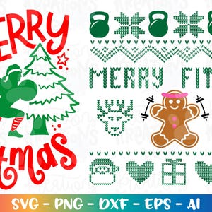 Frohe Fitmas Mädchen hockende hässliche Pullover SVG Weihnachten Fitness Aufbügeln auf druckbare Schnittdateien Cricut Silhouette Download Vektor SVG Dxf Png