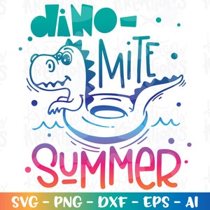 May include: A colourful graphic design featuring a dinosaur wearing a blue and purple inflatable ring with the text "dino-mite summer".
