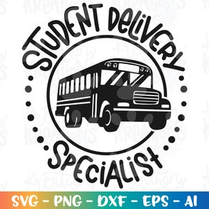 Puede incluir: Ilustraci&oacute;n en blanco y negro de un autob&uacute;s escolar con el texto "Student Delivery Specialist" en un c&iacute;rculo a su alrededor.
