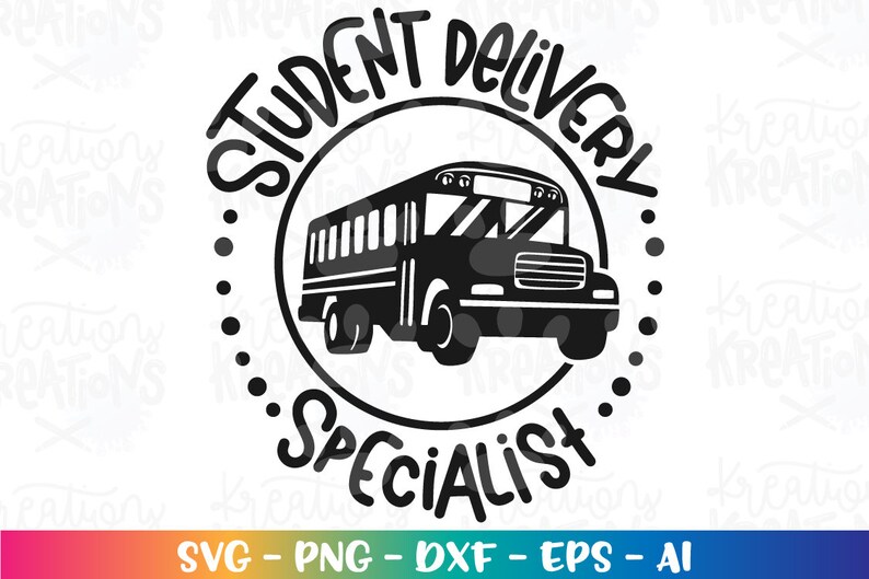 Puede incluir: Ilustraci&oacute;n en blanco y negro de un autob&uacute;s escolar con el texto "Student Delivery Specialist" en un c&iacute;rculo a su alrededor.