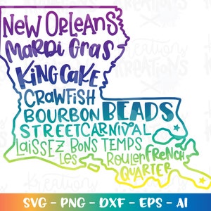 Mapa del estado de Luisiana svg Nueva Orleans Mardi Gras Bourbon Street King pastel de hierro en archivo de corte impreso Cricut Silhouette vector SVG png eps dxf