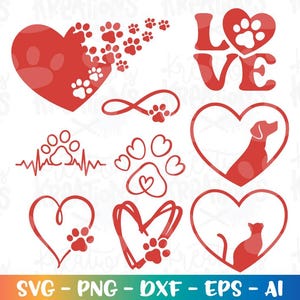 Peut inclure: Graphiques rouges avec des cœurs, des empreintes de pattes et des silhouettes de chiens et de chats. Le mot "LOVE" est affiché avec une empreinte de patte à la place du "O". Le bas de l'image affiche "SVG - PNG - DXF - EPS - AI".