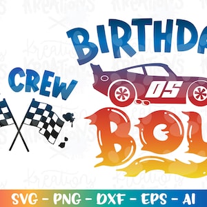 Anniversaire garçon, cinq ans, 5 ans, voiture de course, thème, équipage de la fosse, anniversaire, impression, fer sur fichier découpé, téléchargement Cricut, sublimation vectorielle