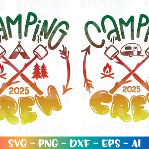 Tripulación de campamento SVG Amigos de la familia Campamento Camping 2025 S'more calcomanía de camiseta para niños adultos impresión de planchado archivo de corte Cricut Silhouette descarga vector
