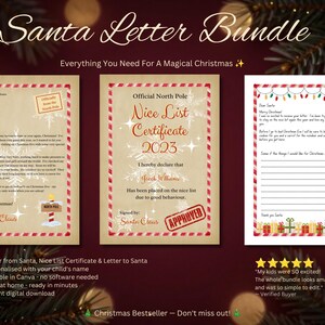 May include: A Santa Letter Bundle featuring three printable documents: a letter from Santa, an Official North Pole Nice List Certificate for 2023, and a blank letter to Santa template. All designs feature festive red and white candy cane borders.