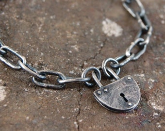 man silver padlock bracelet, mens silver chain bracelet, raw rough silver chain bracelet,  man's chain bracelet