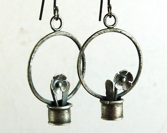 silver flower earrings, oxidized silver earrings