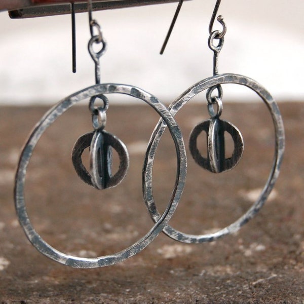 silver hoop earrings, oxidized silver earrings, long earrings