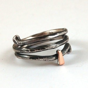 silver and gold ring, minimalist oxidized silver ring