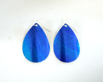 Brushstroke blues large teardrop lightweight earrings: colourful anodised aluminium; adjustable to clip on; tenth wedding anniversary gift