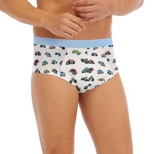 Adult Baby Briefs with Monster Truck Design with Blue Edging ABDL Adult Baby Underpants | Personalizable | Sizes to 5XL | For Diaper Lovers