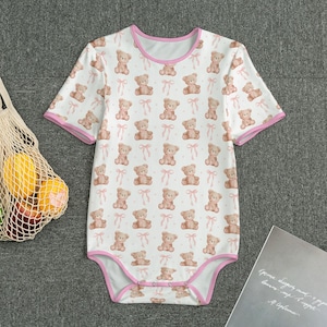 Adult Romper Bodysuit with Teddy and Ribbons Design with Pink Edging ABDL Adult Baby Jumpsuit Totally Personalizable Sizes XS to 4XL