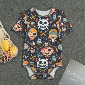 Adult Romper Bodysuit with Pirate Design with Black Edging ABDL Adult Baby Jumpsuit Totally Personalizable Sizes XS to 4XL Pirate Romper