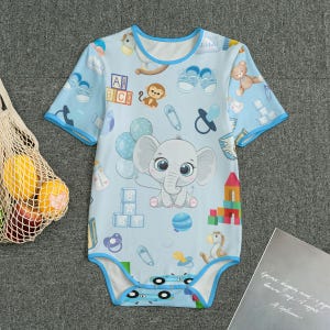 Adult Romper Bodysuit with Elephant and Toys Design with Blue Edging ABDL Adult Baby Jumpsuit Totally Personalizable Sizes XS to 4XL