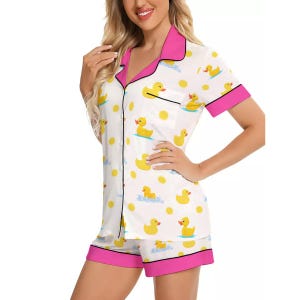 Adult Baby Unisex Pajama Set Imitation Silk with Rubber Duck Design and Pink Edging ABDL Adult Baby Summer PJs for Diaper Lovers
