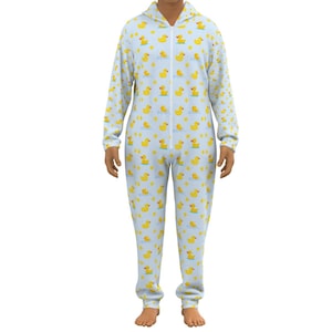 Adult Baby Plush Hooded Jumpsuit with Toy Duck Design on Pale Blue ABDL Jumpsuit Personalizable Sizes S to 5XL Onesie for Adult Babies