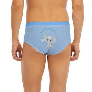 Adult Baby Briefs with Mommy&#39;s Big Boy Elephant Design on Blue ABDL Underpants | Personalizable | Sizes to 5XL | For Diaper Lovers