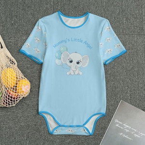 Adult Romper Bodysuit with Mommy&#39;s Angel Design and Cute Elephants with Blue Edging ABDL Adult Baby Jumpsuit Personalizable Sizes XS to 4XL