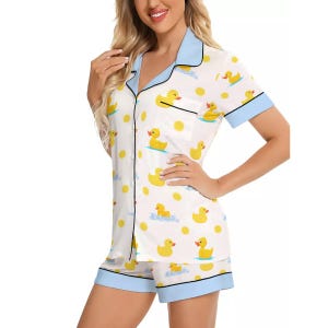 Adult Baby Unisex Pajama Set Imitation Silk with Rubber Duck Design and Blue Edging ABDL Adult Baby Summer PJs for Diaper Lovers