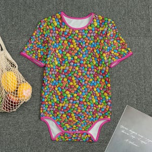 Adult Romper Bodysuit with Candies Design with Pink Edging ABDL Adult Baby Jumpsuit Totally Personalizable Sizes XS to 4XL