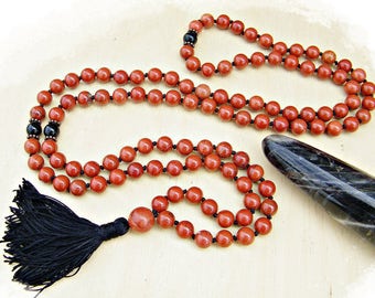 Mala Beads 108, Knotted Prayer Beads, Mala Necklace, Yoga Jewelry, Red Jasper, Black Onyx, Mantra, Japa, Nurturer, Chakra Alignment, Harmony