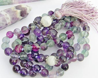 Mala Prayer Beads 108 Knotted | Rainbow Fluorite | Amethyst | Rainbow Moonstone | Yoga Prayer Beads | Meditation Japa Crown Chakra Third Eye