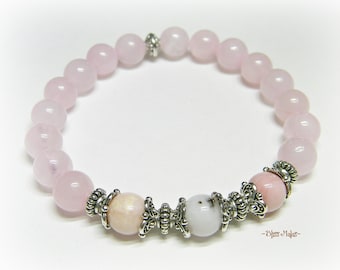 Wrist Mala Beaded Stretch Bracelet, Pink Peruvian Opal, Rose Quartz, Mala Beads, Yoga, Meditation, Loving & Nurturing, Heart Chakra