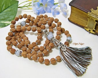 Mala Prayer Beads 108 Knotted | Rudraksha 5 Mukhi | Aquamarine | Kriya Yoga | Paramhansa Yogananda | Kriyananda | Meditation | AUM And Lotus