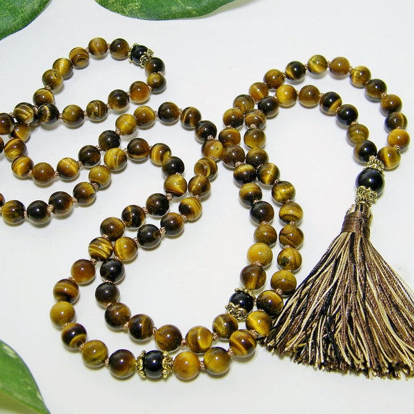 Mala Prayer Beads 108 Knotted | Tiger's Eye | Black Tourmaline | Semi Precious Yoga Beads | Meditation Japa Mantra | Beaded Tassel Necklace