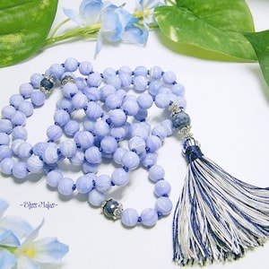 Precious Blue Sapphire Faceted | Blue Lace Agate | Mala Prayer Beads 108 Knotted | Yoga Beads | Meditation | Tassel Necklace | Chakra | Gift