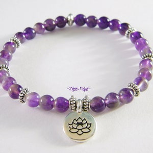 Amethyst 6mm Beaded Stretch Bracelet, Yoga Healing Bracelet, Wrist Mala, Prayer Beads Bracelet, Meditate, Lotus Charm, Crown Chakra, Purple