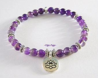 Amethyst 6mm Beaded Stretch Bracelet, Yoga Healing Bracelet, Wrist Mala, Prayer Beads Bracelet, Meditate, Lotus Charm, Crown Chakra, Purple