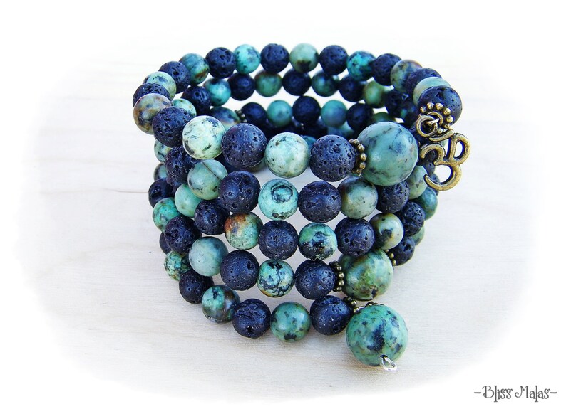 108 Mala Bracelet African Turquoise Gemstones Spiritual Jewelry Wrist Mala Prayer Beads AUM OM Charm Memory Wire Bracelet Lava Rock